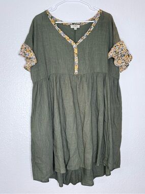 🍓 Umgee Linen Blend Ruffle Sleeve Floral Trim Cottagecore Lagenlook Dress Small